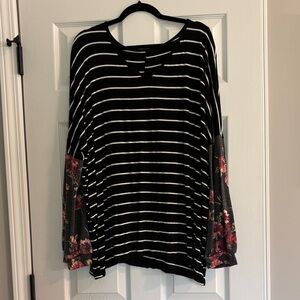 Striped Black and Floral Sleeve Women's Top